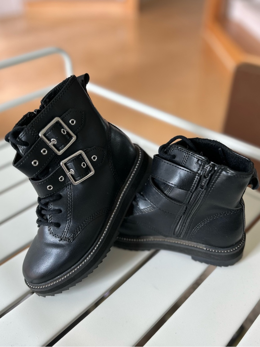 Kids Black Leather Buckle Combat Boots